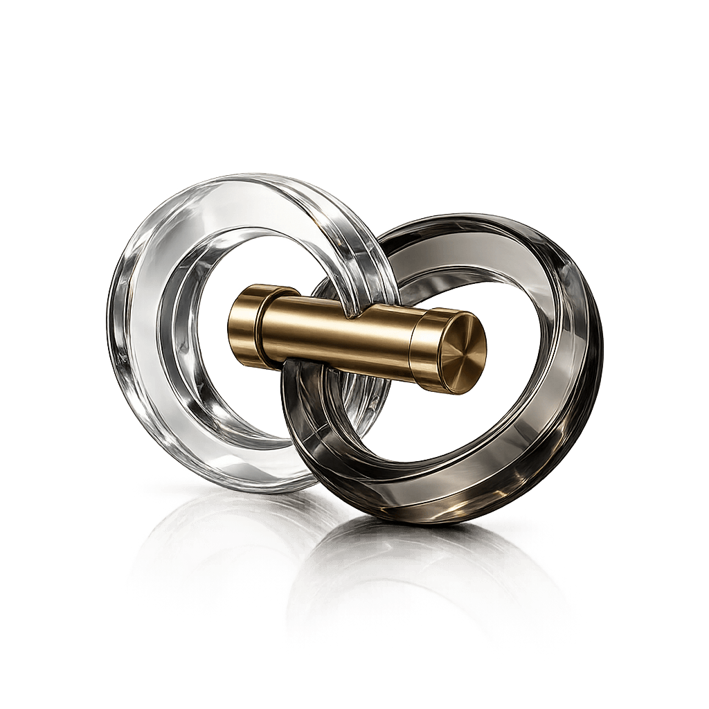 Interlinked crystal and bronze rings — partnership and stability