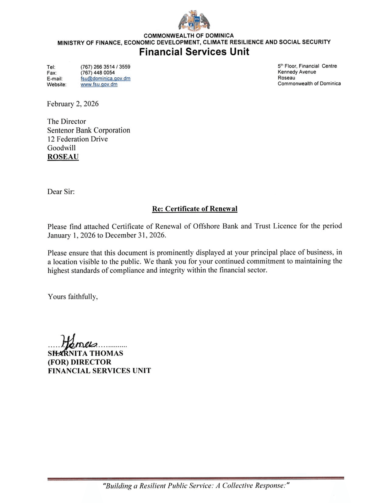 Certificate of Renewal — Offshore Bank & Trust Licence — scan of the original document