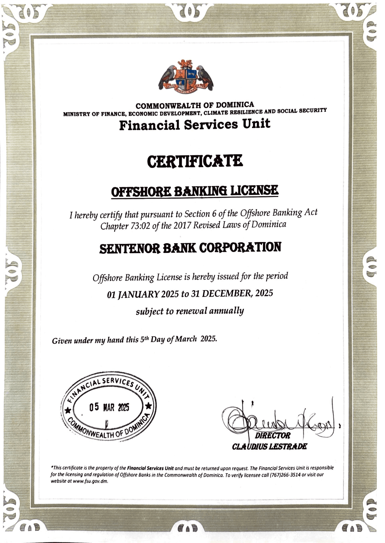 Offshore Banking License — scan of the original document
