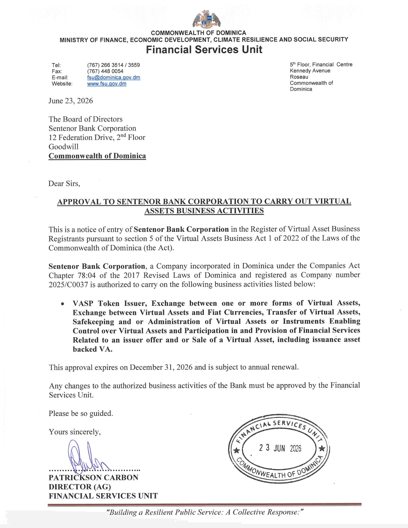 Virtual Assets Business Approval — scan of the original document